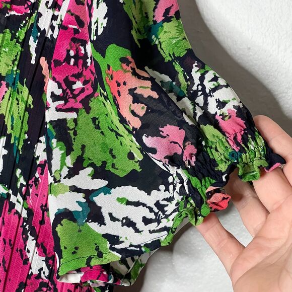 Dressbarn Womens Button Up Top 1X Pink Green Ruffle Office Crinkle Pleated Sheer - Picture 9 of 11
